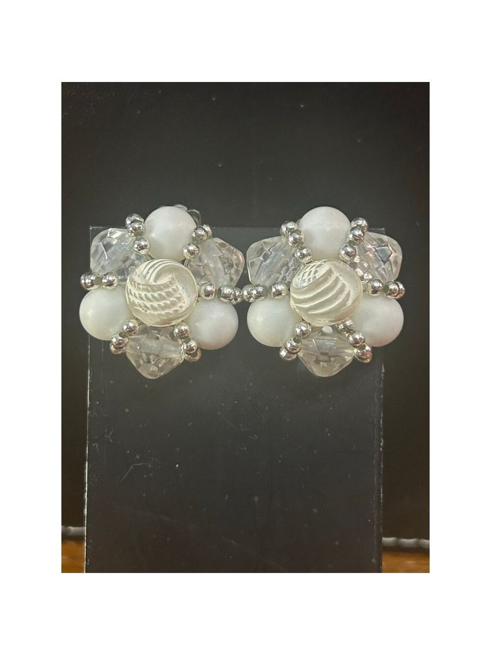 Women's carved acrylic White and Silver Beaded Clip-On Earrings, One Size